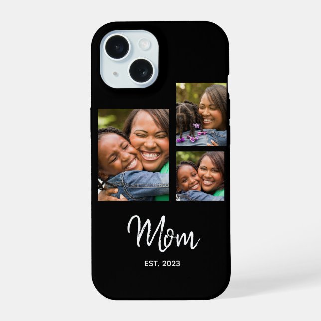 Coque iPhone 15 Maman a établi un script moderne noir 3 Photo (Verso)