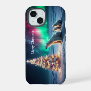 Coque iPhone 15 Maman ours polaire oursons arbre de Noël aurores b
