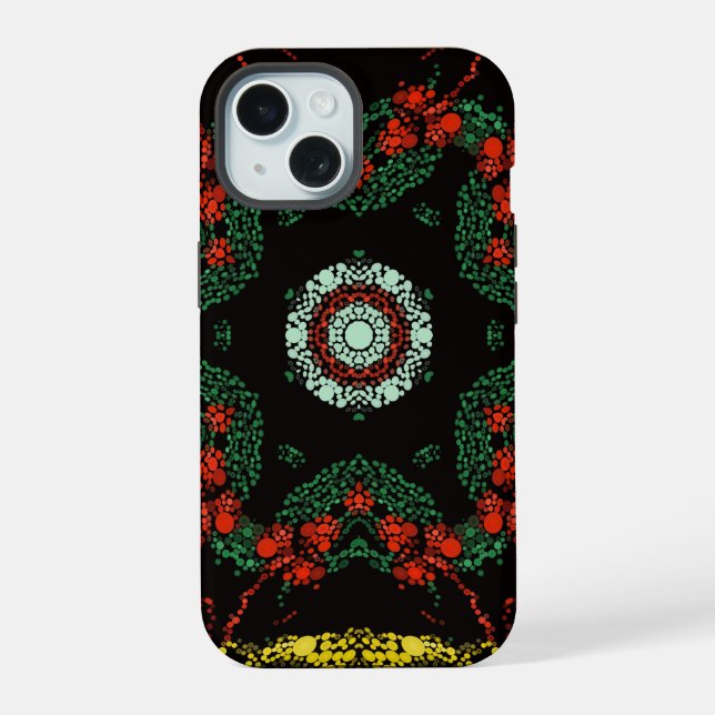 Coque iPhone 15 Mandala à points festifs (Verso)