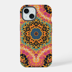 Coque iPhone 15 Mandala à points rose bleu noir et jaune