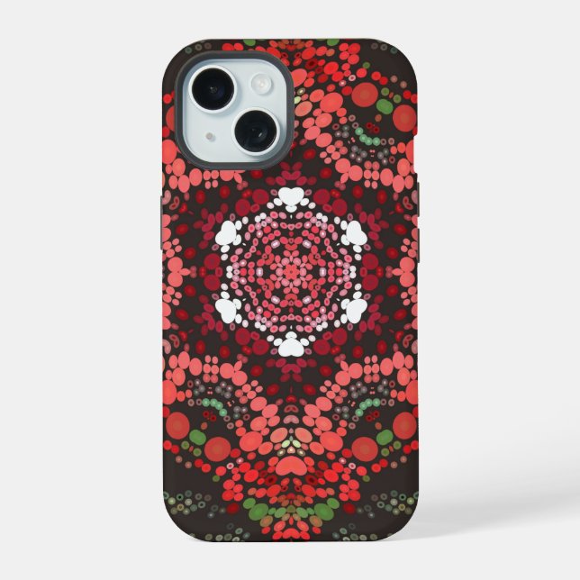 Coque iPhone 15 Mandala à points rouge, vert et blanc (Verso)