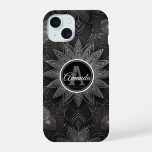 Coque iPhone 15 Mandala floral noir et blanc complexe à monogramme