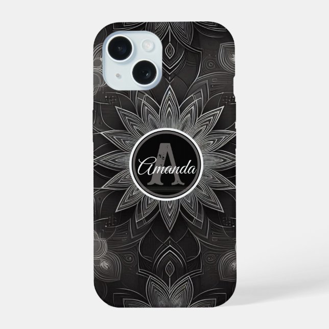Coque iPhone 15 Mandala floral noir et blanc complexe à monogramme (Verso)