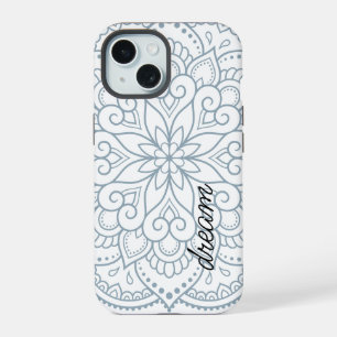 Coque iPhone 15 Mandala Moderne Bleu Poussiéreux Script