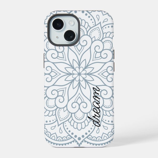 Coque iPhone 15 Mandala Moderne Bleu Poussiéreux Script (Verso)