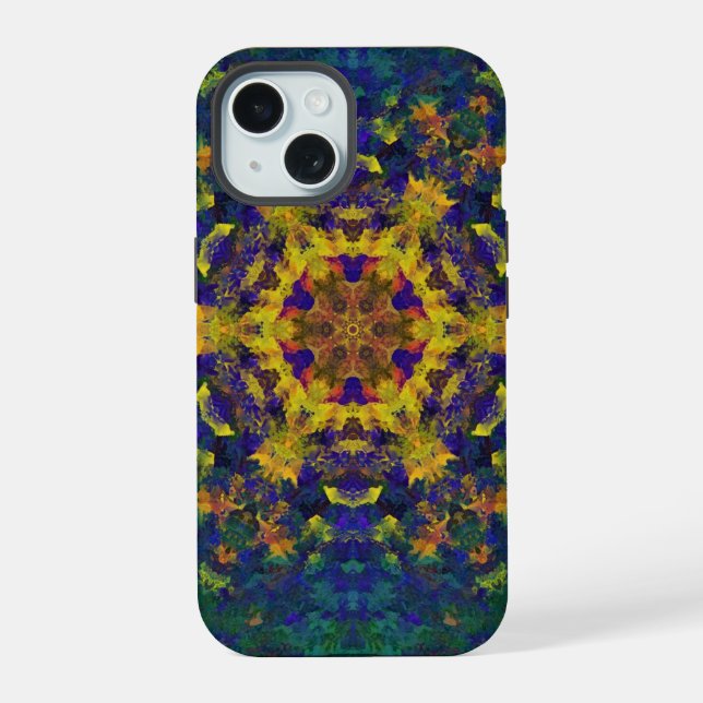 Coque iPhone 15 Mandala Numérique Jaune Bleu et Vert (Verso)