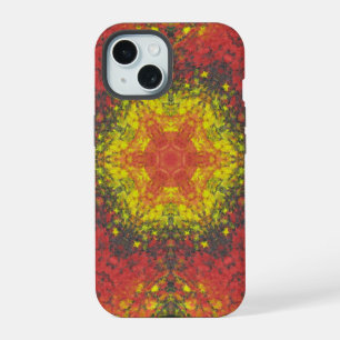 Coque iPhone 15 Mandala numérique jaune rouge et noir