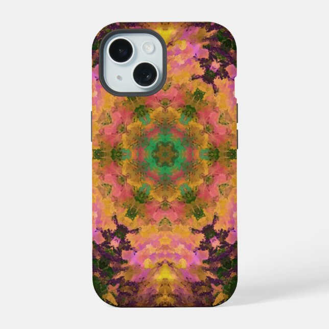 Coque iPhone 15 Mandala Numérique Rose Jaune et Vert (Verso)