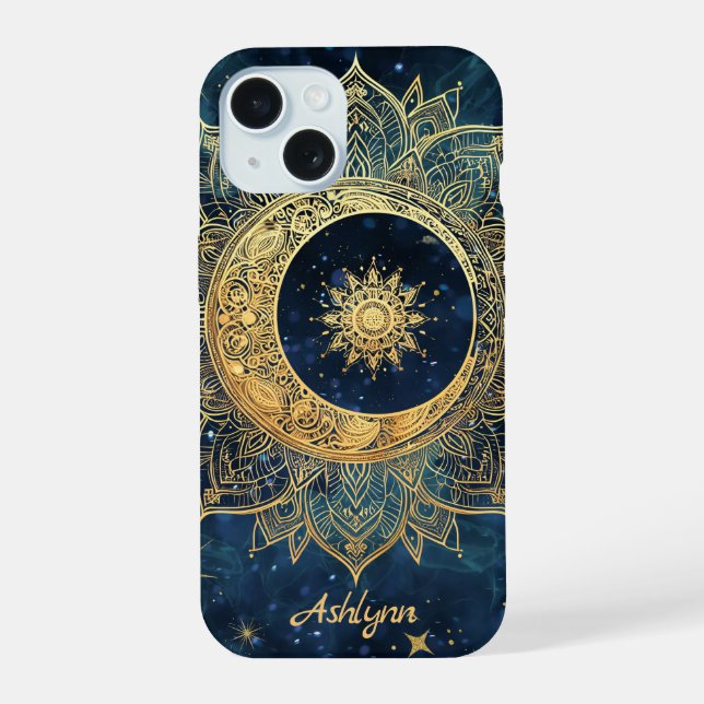 Coque iPhone 15 Mandala personnalisé bleu céleste or soleil lune  (Verso)