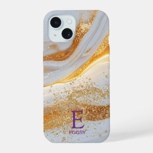 Coque iPhone 15 Marbre blanc chic monogramme paillettes dorées