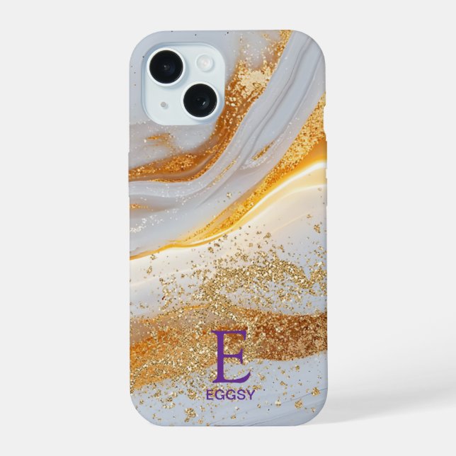 Coque iPhone 15 Marbre blanc chic monogramme paillettes dorées (Verso)