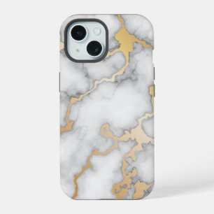 Coque iPhone 15 Marbre blanc et or minimaliste