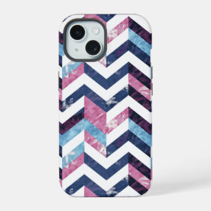 Coque iPhone 15 Marbre blanc rose bleu Chevron