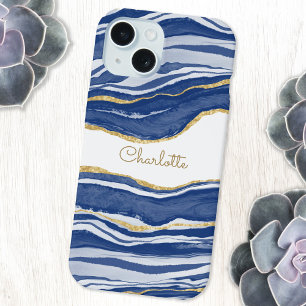 Coque iPhone 15 Marbre Bleu Agate Doré Paillettes Personnalisé