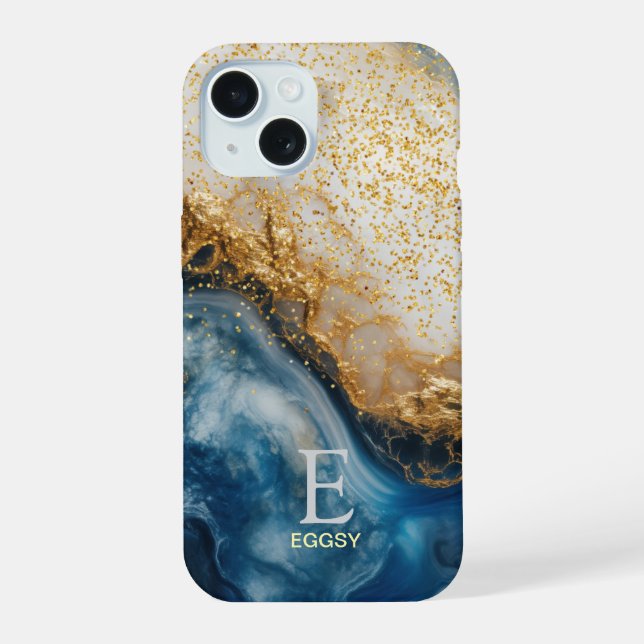 Coque iPhone 15 Marbre bleu chic monogramme paillettes dorées (Verso)