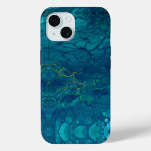 Coque iPhone 15 Marbre bleu et jaune Abstrait Mosaic Fluid Art