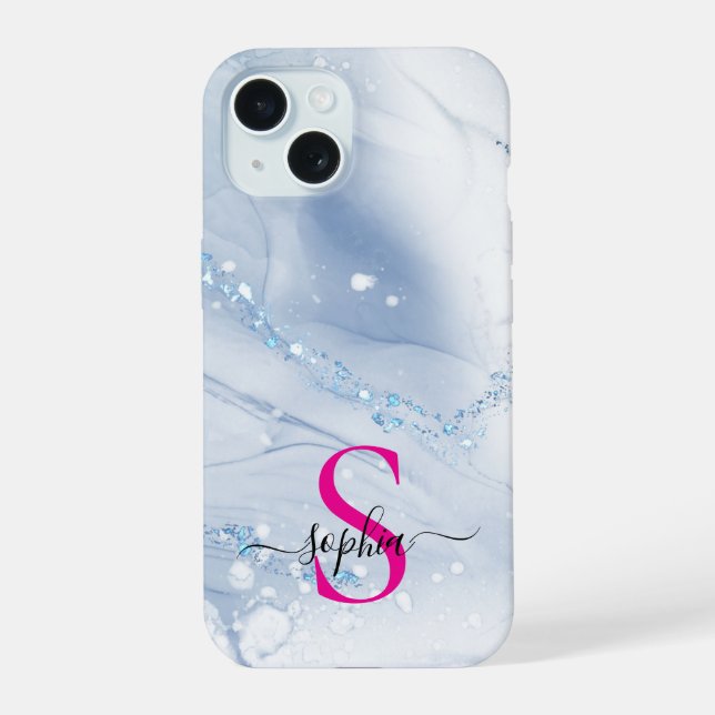 Coque iPhone 15 Marbre bleu marine paillettes dorées monogramme (Verso)