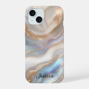 Coque iPhone 15 Marbre de luxe Mère de Pearl Gold Veins Monogramme