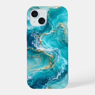 Coque iPhone 15 Marbre d'Océan Turquoise de Luxe avec Vagues de Fe