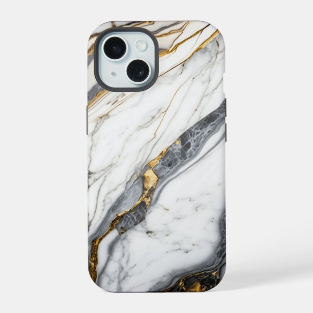 Coque iPhone 15 Marbre élégant blanc or (Verso)