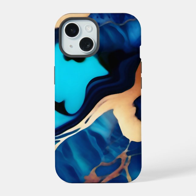 Coque iPhone 15 Marbre faux bleu jaune doré tendance  (Verso)