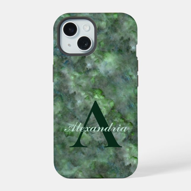 Coque iPhone 15 Marbre granit monogramme abstrait vert quartz (Verso)