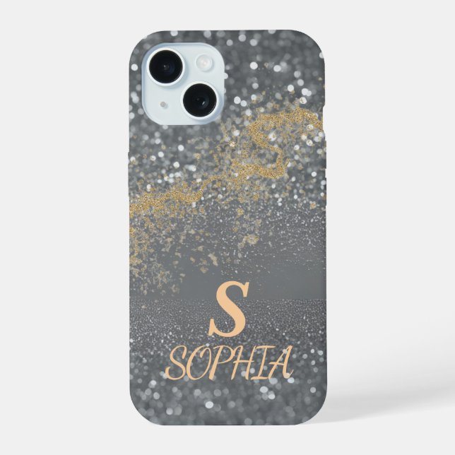 Coque iPhone 15 Marbre gris chic paillettes dorées monogramme (Verso)