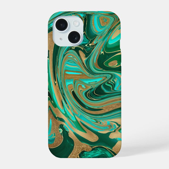 Coque iPhone 15 Marbre Liquide Vert et Or (Verso)