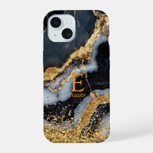 Coque iPhone 15 Marbre noir chic paillettes dorées monogramme