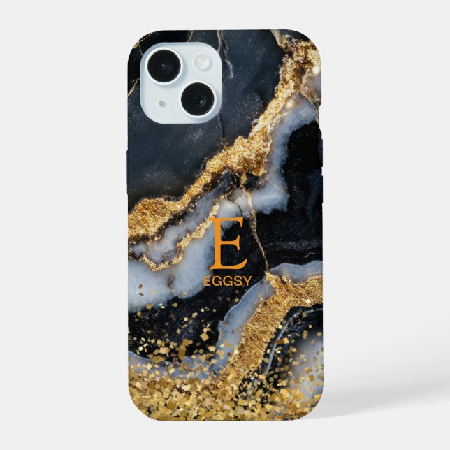 Coque iPhone 15 Marbre noir chic paillettes dorées monogramme (Verso)