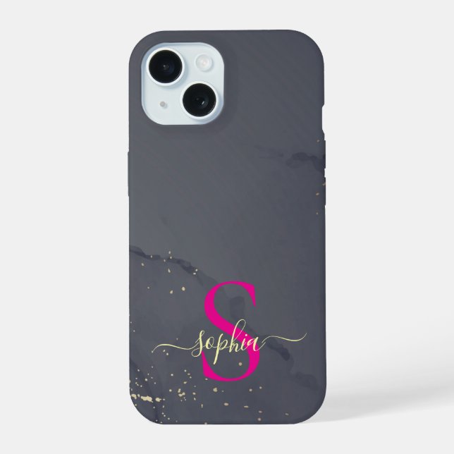 Coque iPhone 15 marbre noir et blanc monogramme paillettes dorées (Verso)