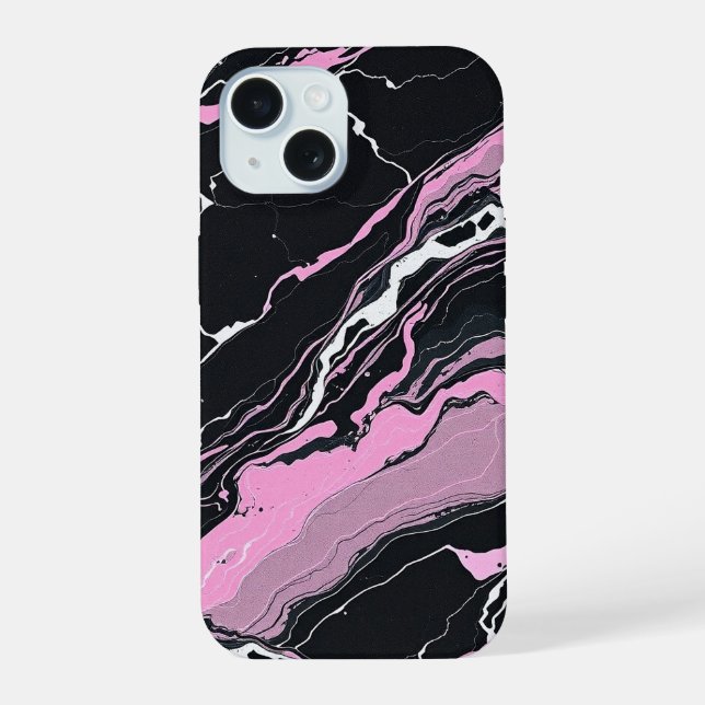 Coque iPhone 15 Marbre noir et rose (Verso)