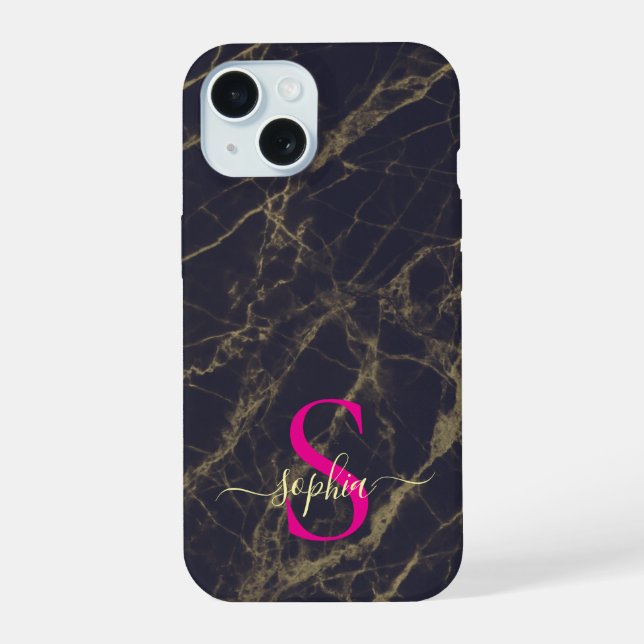 Coque iPhone 15 marbre noir monogramme paillettes dorées (Verso)