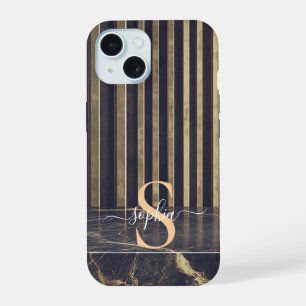 Coque iPhone 15 marbre noir monogramme paillettes dorées
