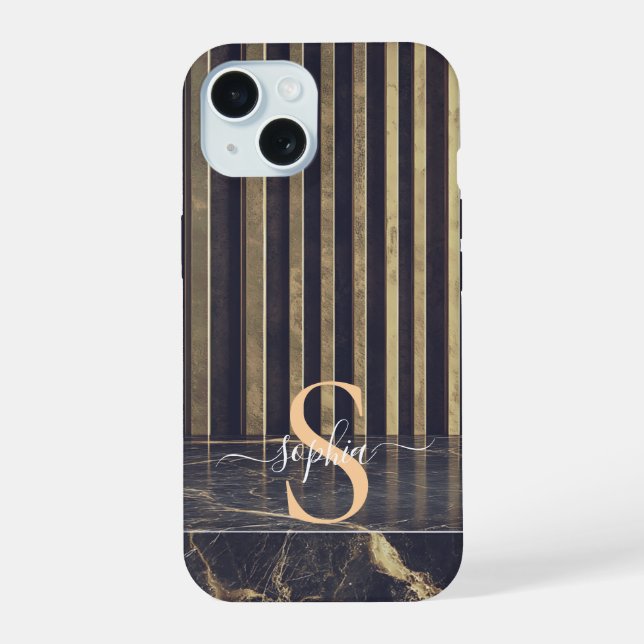 Coque iPhone 15 marbre noir monogramme paillettes dorées (Verso)