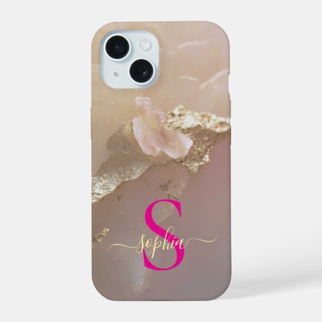 Coque iPhone 15 Marbre or rose gold pailleté monogramme (Verso)