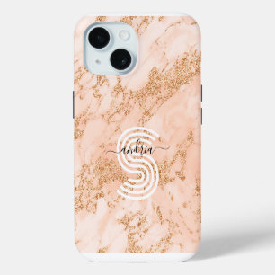 Coque iPhone 15 Marbre Pailleté Or Rose Monogramme Nom Personnalis