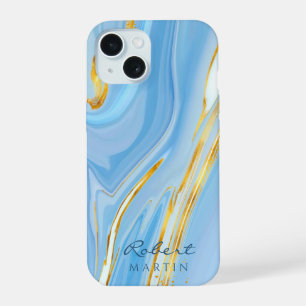 Coque iPhone 15 Marbre Parties scintillant Blue Sky Gold personnal