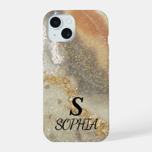 Coque iPhone 15 Marbre rose chic monogramme paillettes or doré