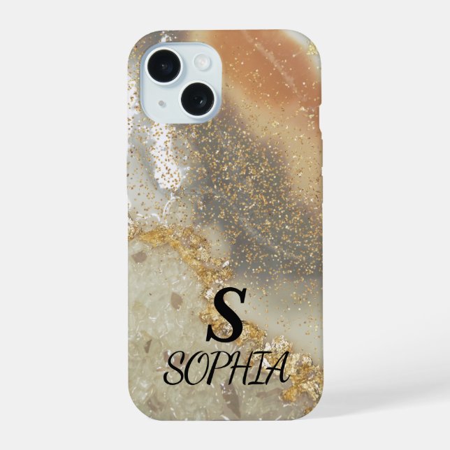 Coque iPhone 15 Marbre rose chic monogramme paillettes or doré (Verso)