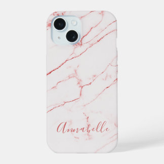 Coque iPhone 15 Marbre rose Monogramme Moderne Élégant