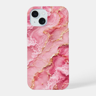 Coque iPhone 15 Marbre Rose Océan Luxueux avec Veines Dorées