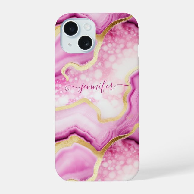 Coque iPhone 15 Marbre Rose Or Agate Géode Monogrammé Chic (Verso)