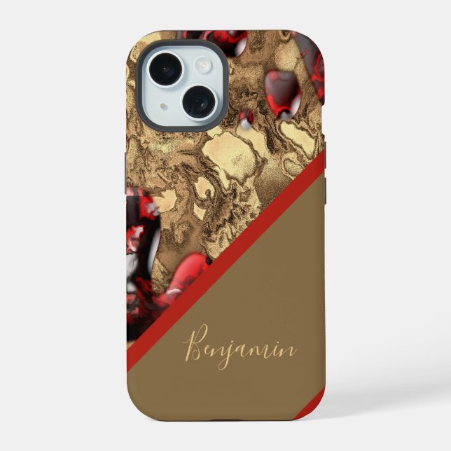 Coque iPhone 15 marbre rouge beige chic cool or doré  (Verso)