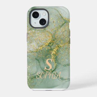 Coque iPhone 15 Marbre vert chic monogramme paillettes dorées