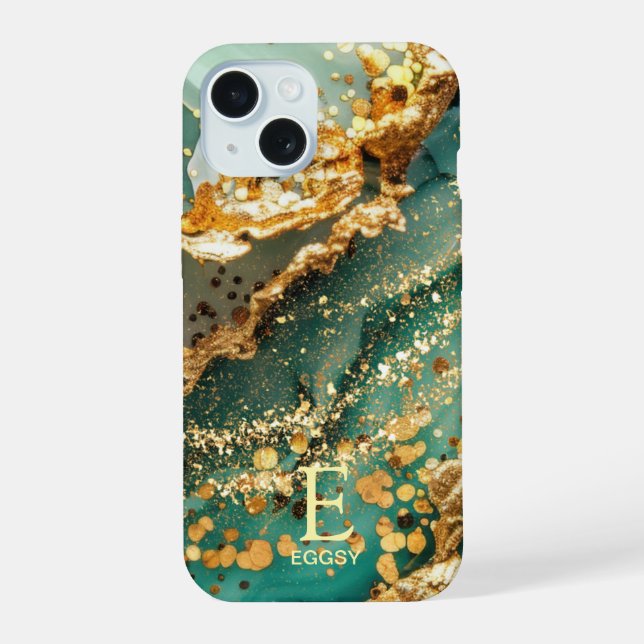 Coque iPhone 15 Marbre vert chic monogramme paillettes dorées (Verso)