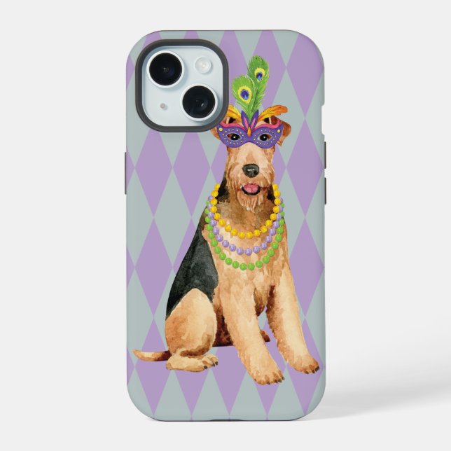 Coque iPhone 15 Mardi Gras Airedale (Verso)