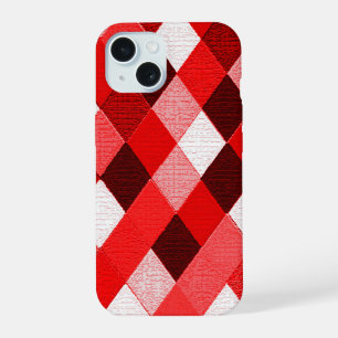 Coque iPhone 15 MARDI GRAS HARLEQUIN MOTIF Rouge Rose Blanc Rhombe
