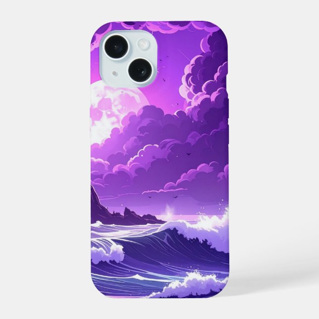Coque iPhone 15 Marée violette sous la lune – iPhone Océan Fantast (Verso)