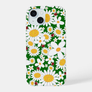 Coque iPhone 15 Marguerites blanches estivales et coccinelles roug